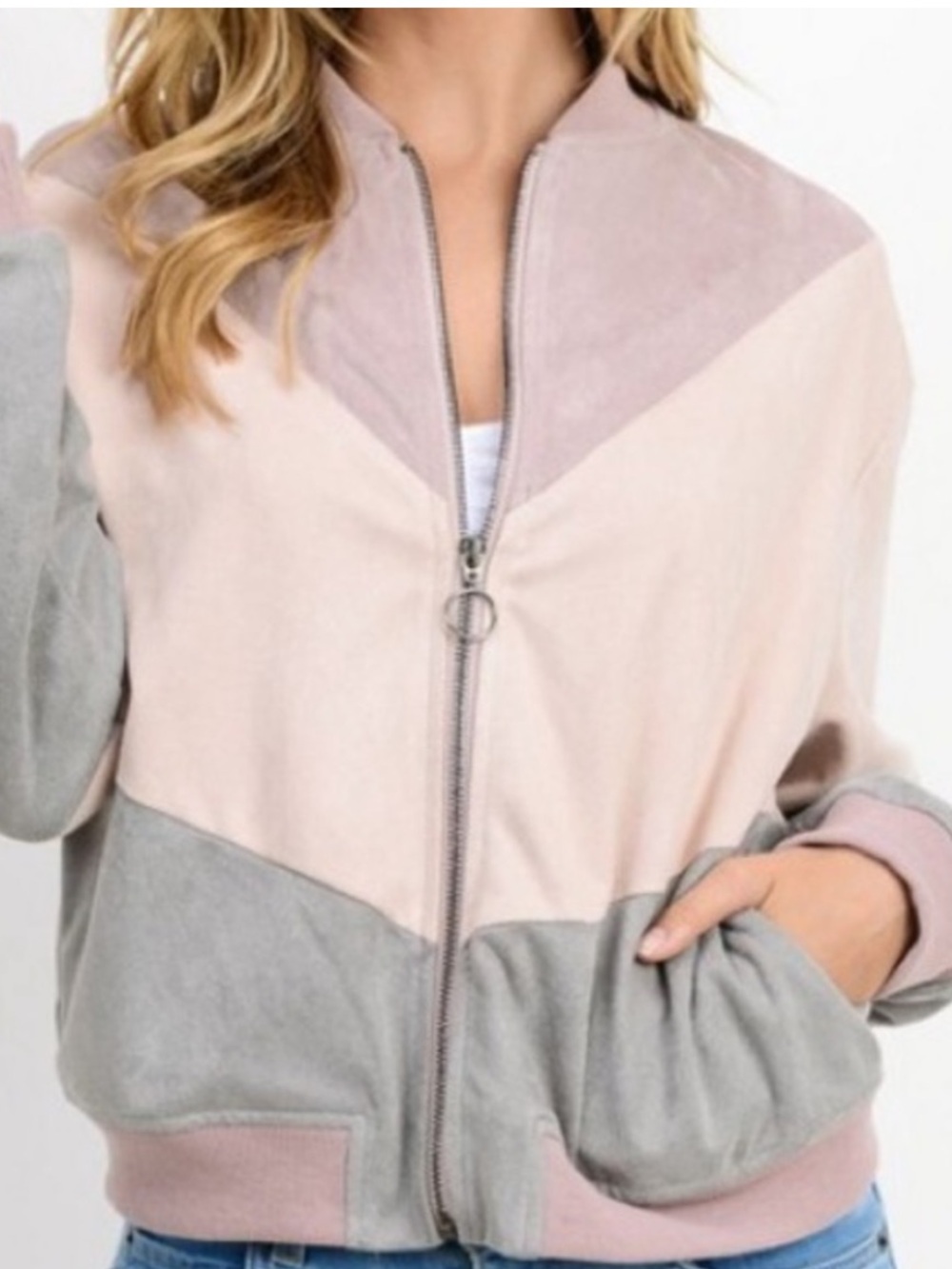 Paper Crane Color Block Bomber Jacket with V Shaped Chevron in pink blush gray L